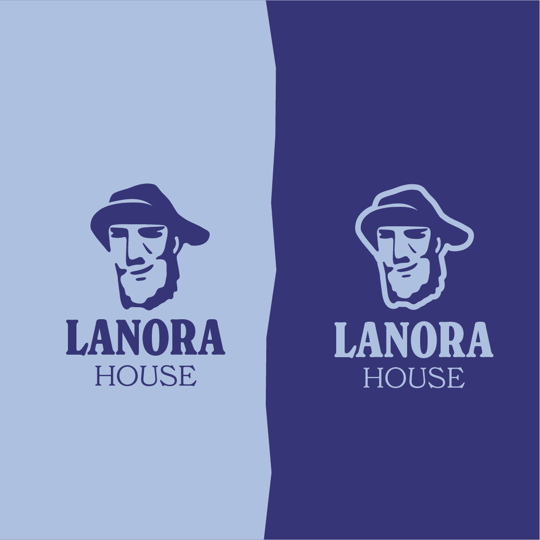 The current Lanora House vertical lockup: the fisherman without the pipe and with a slight smile, shown on light and dark